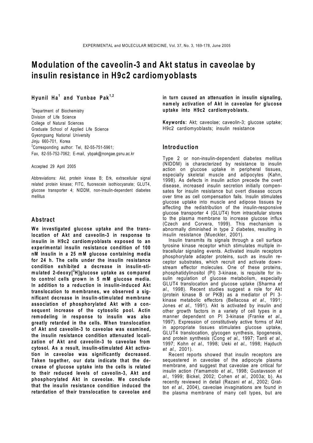 Modulation of the Caveolin-3 and Akt Status in Caveolae by Insulin Resistance in H9c2 Cardiomyoblasts