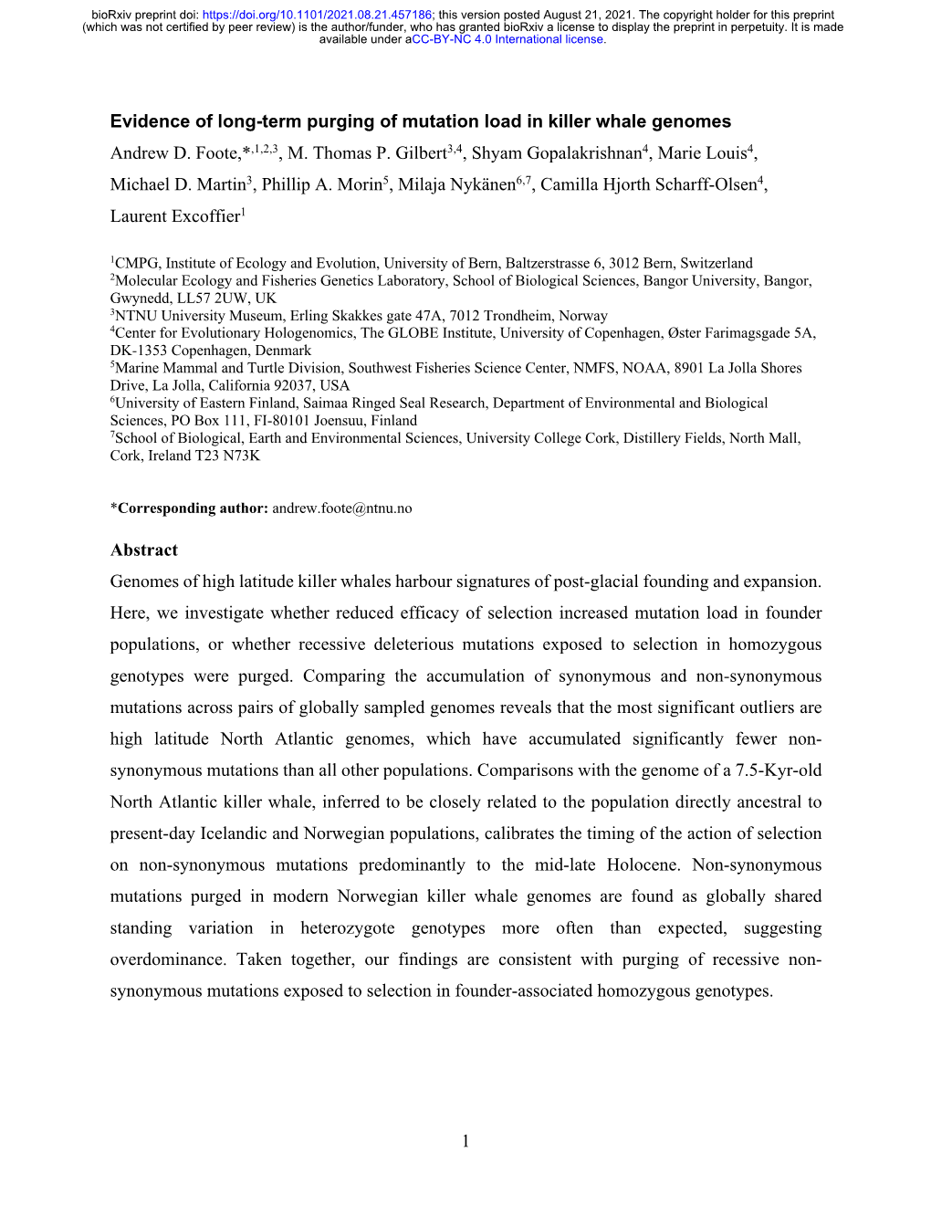 Evidence of Long-Term Purging of Mutation Load in Killer Whale Genomes Andrew D