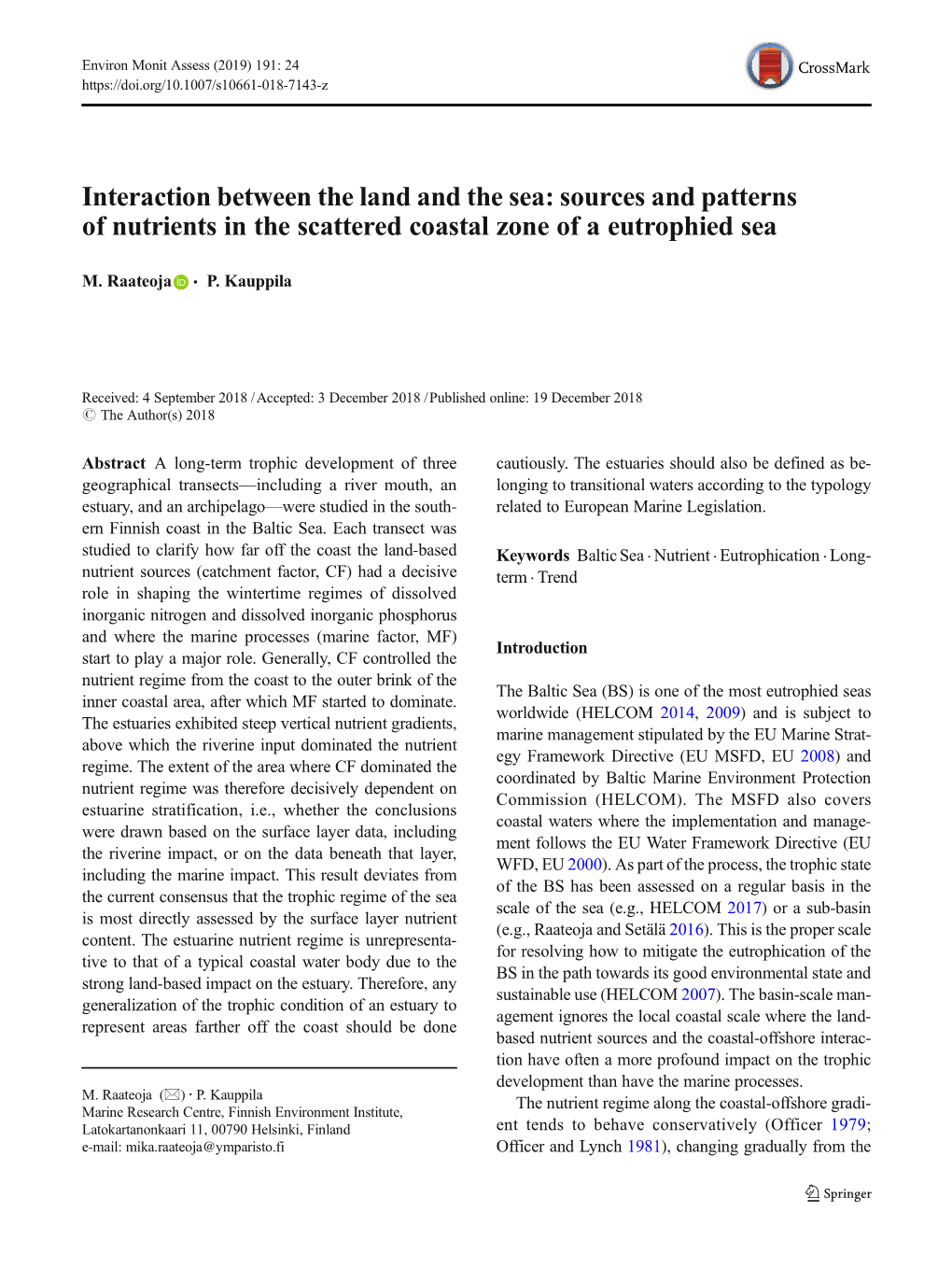 Interaction Between the Land and the Sea: Sources and Patterns of Nutrients in the Scattered Coastal Zone of a Eutrophied Sea