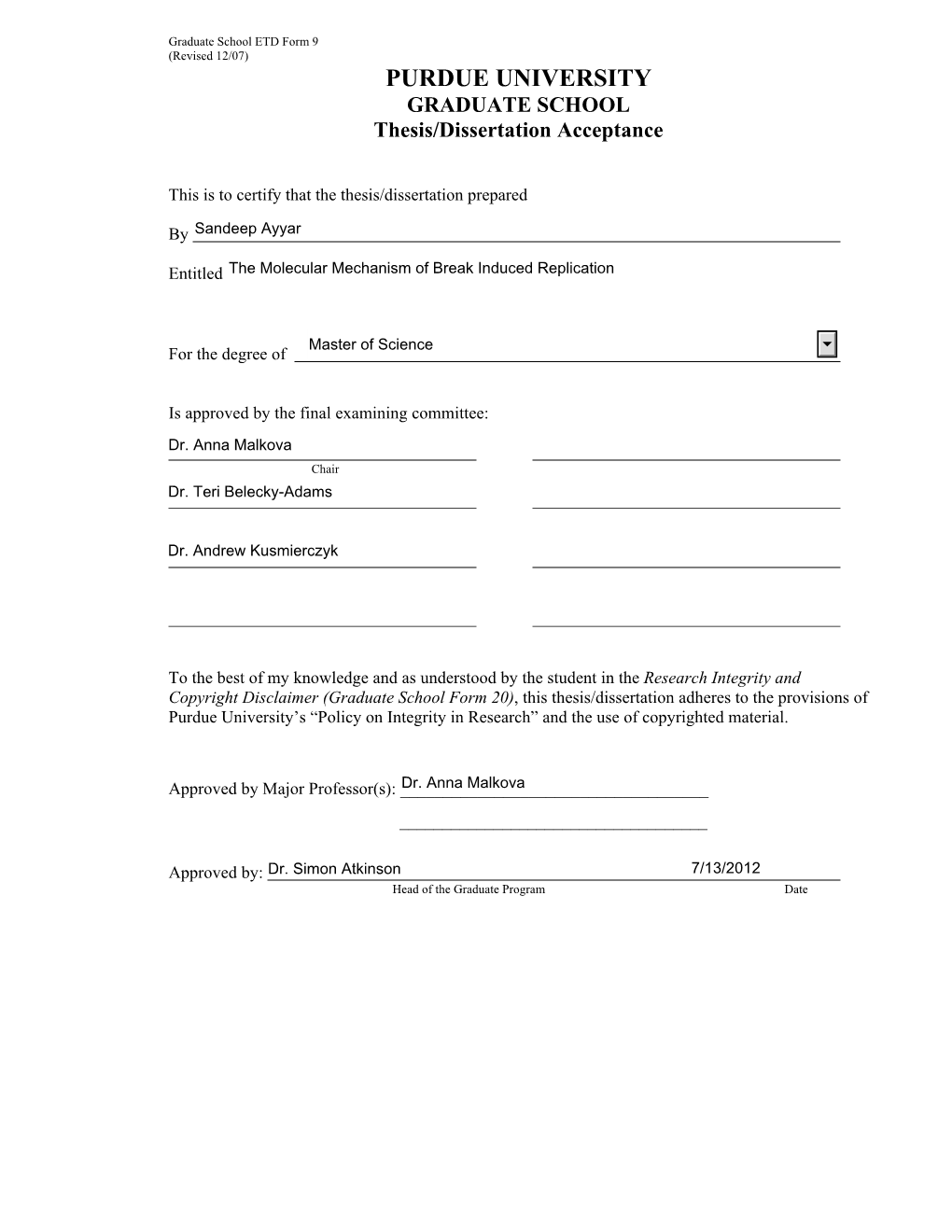 PURDUE UNIVERSITY GRADUATE SCHOOL Thesis/Dissertation Acceptance