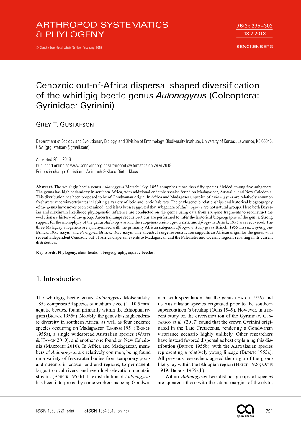 Cenozoic Out-Of-Africa Dispersal Shaped Diversification of the Whirligig Beetle Genus Aulonogyrus (Coleoptera: Gyrinidae: Gyrinini)