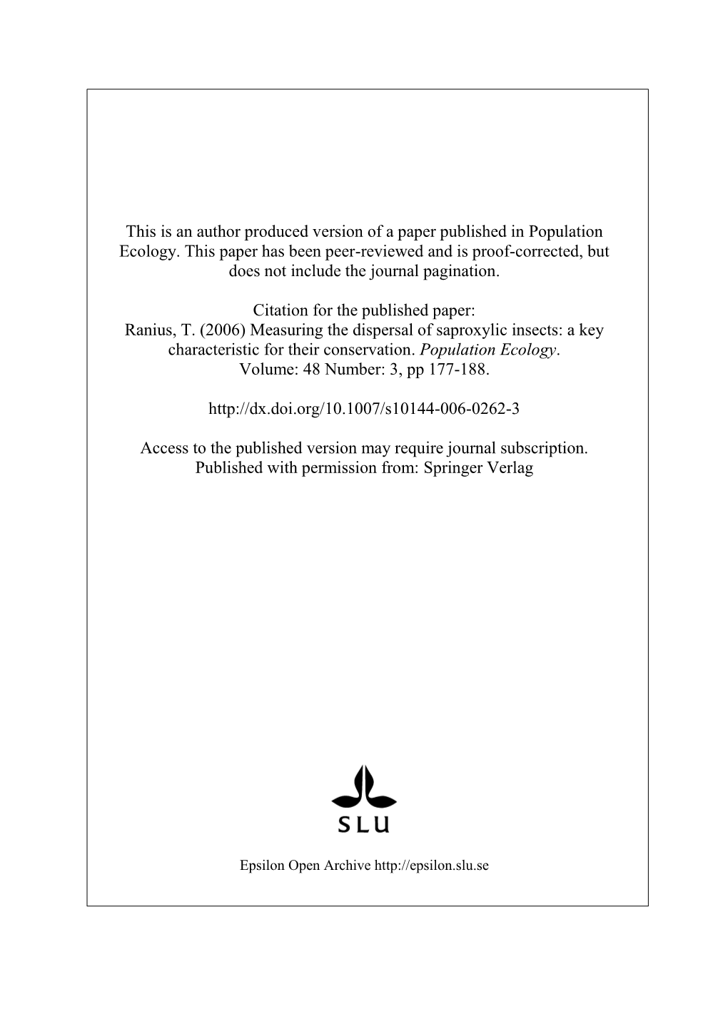 This Is an Author Produced Version of a Paper Published in Population Ecology