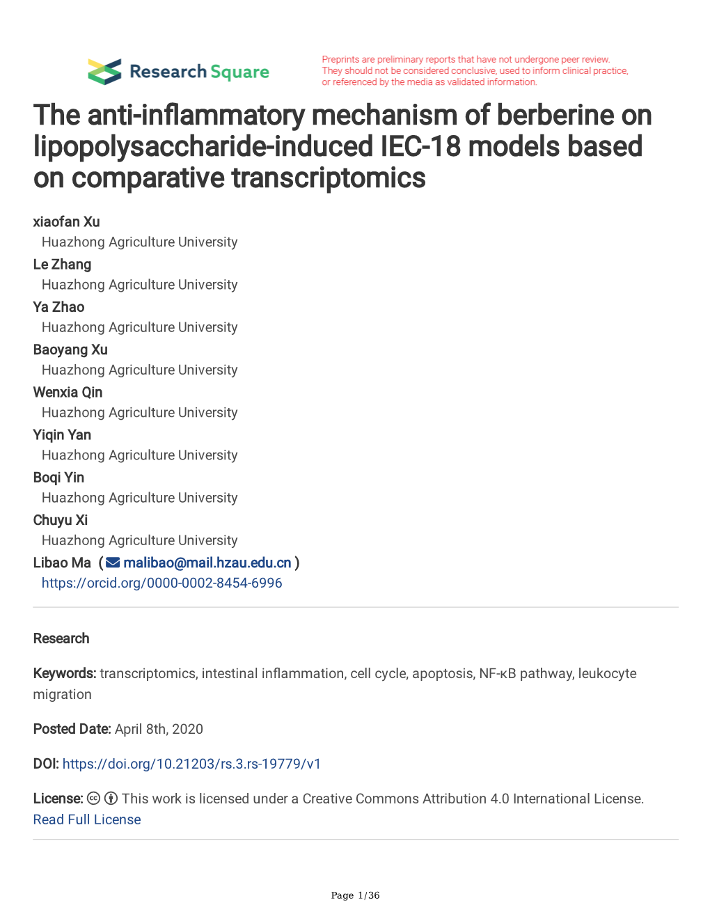 The Anti-In Ammatory Mechanism of Berberine on Lipopolysaccharide
