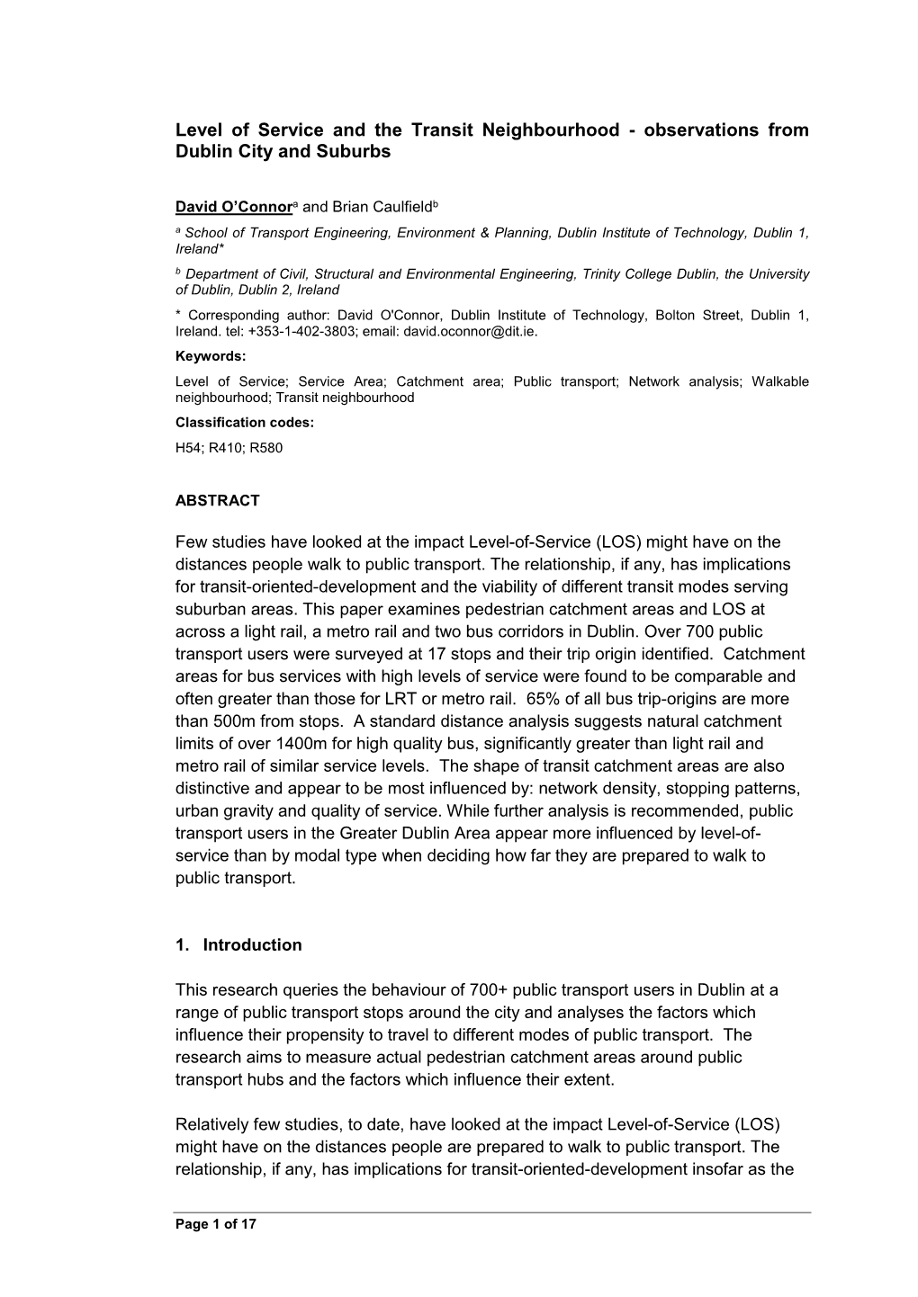 Level of Service and the Transit Neighbourhood - Observations from Dublin City and Suburbs