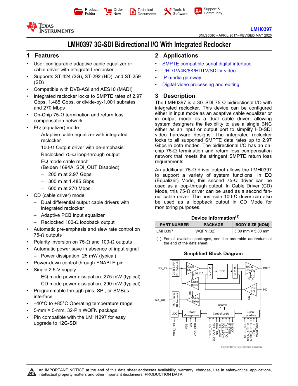 LMH0397 3G-SDI Bidirectional I/O with Integrated Reclocker Datasheet