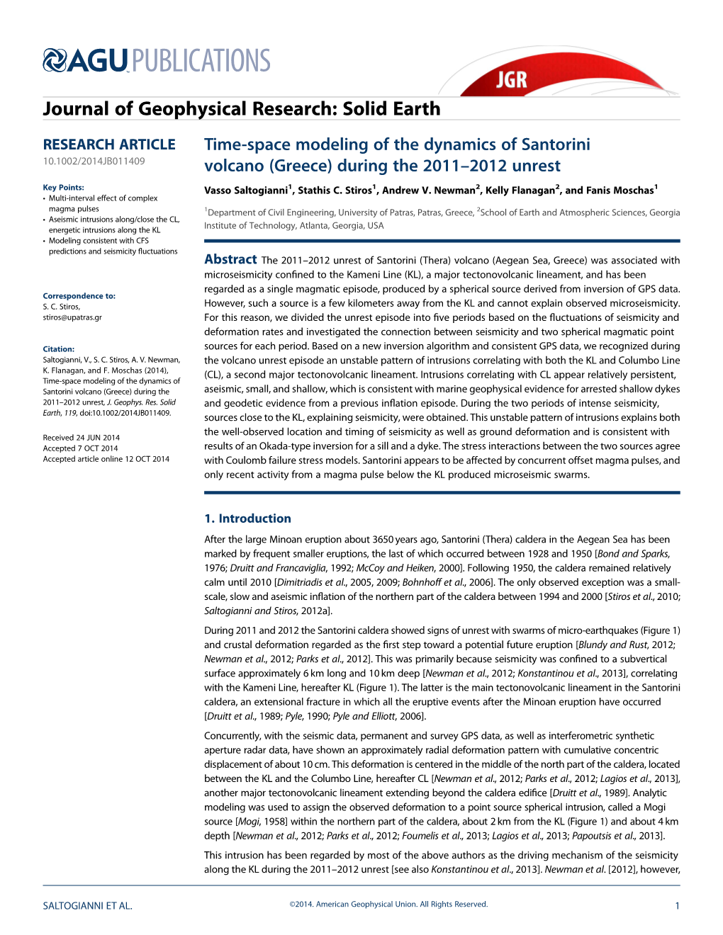 Timespace Modeling of the Dynamics of Santorini Volcano (Greece) During the 20112012 Unrest