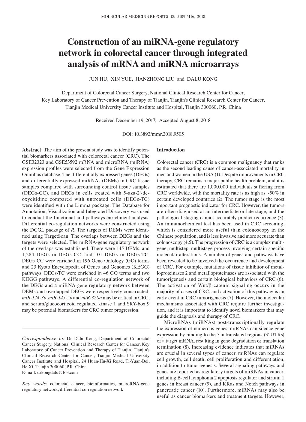 Construction Of An Mirnagene Regulatory Network In Colorectal Cancer