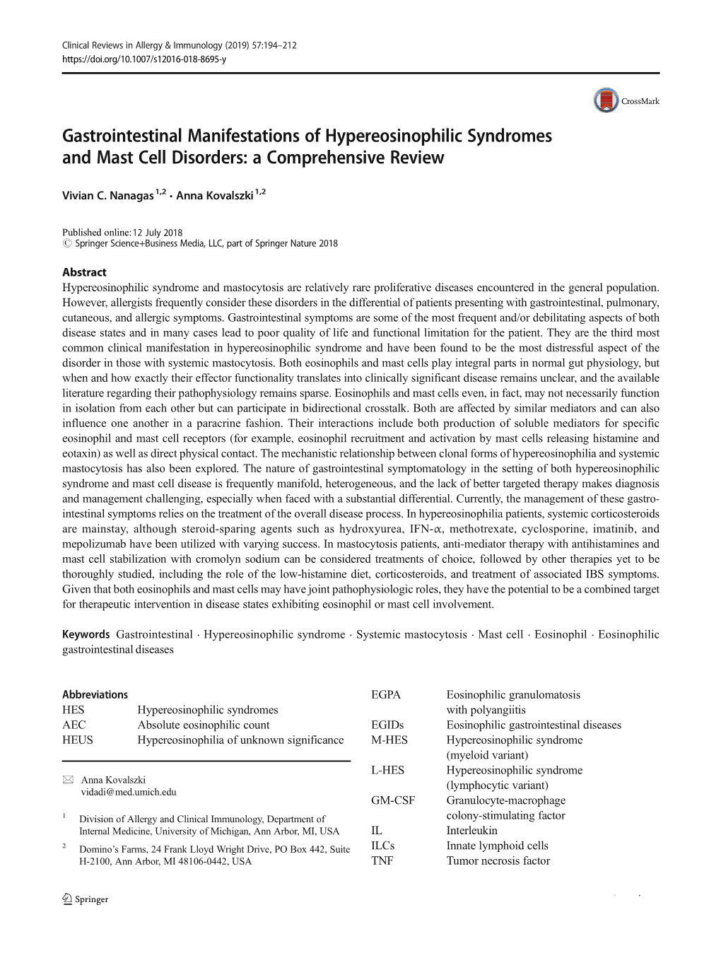 Gastrointestinal Manifestations Of Hypereosinophilic Syndromes And Mast