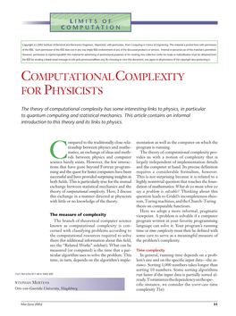 Computational Complexity for Physicists