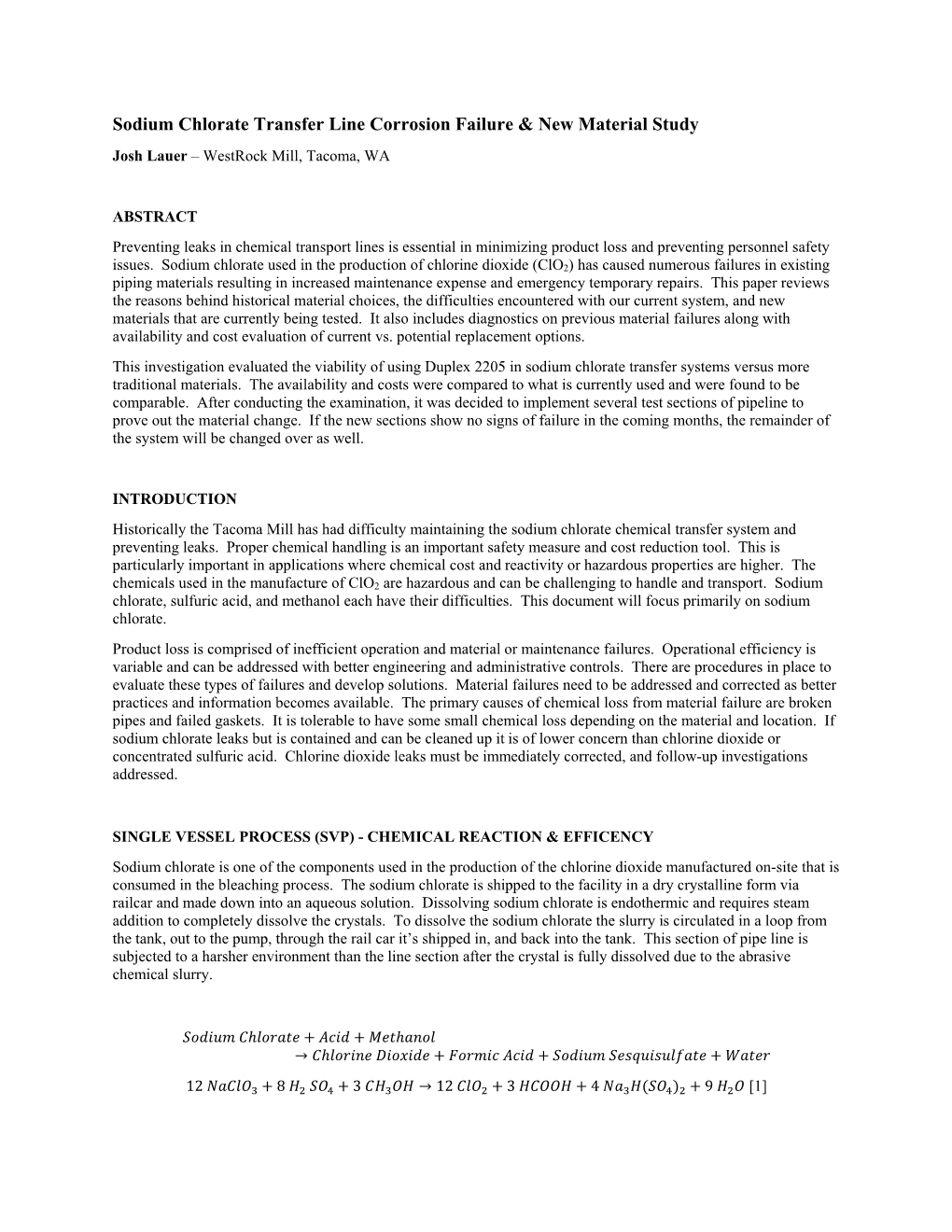 Sodium Chlorate Transfer Line Corrosion Failure & New Material