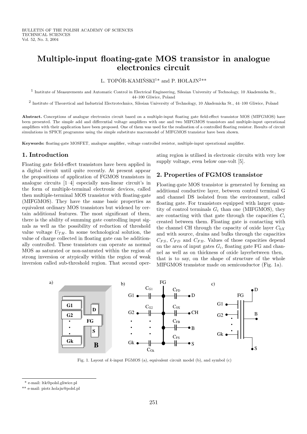 Multiple Input Floating Gate MOS Transistor In Analogue Electronics