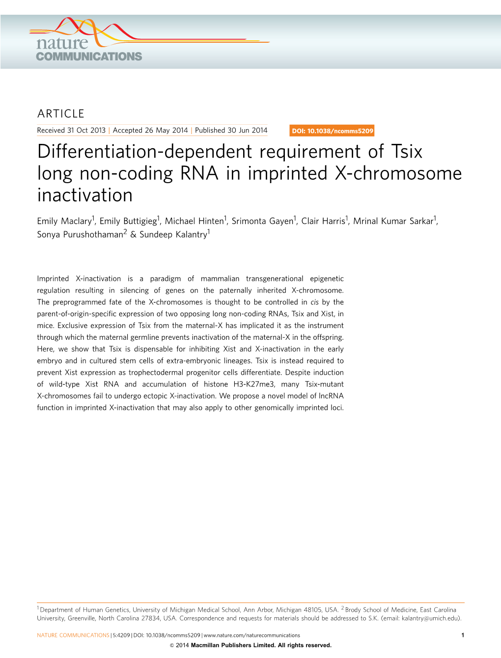 Differentiation Dependent Requirement Of Tsix Long Non Coding Rna In