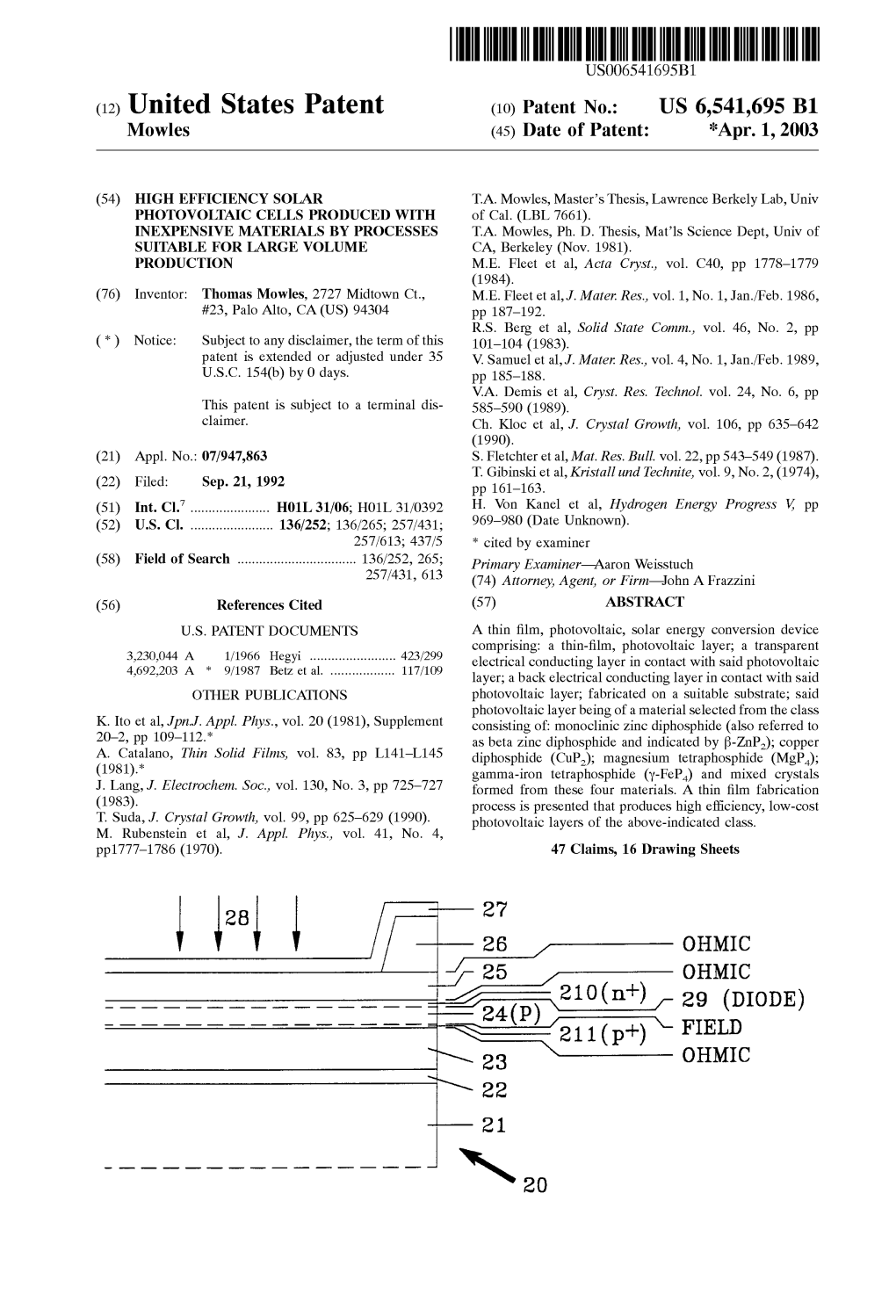 2) United States Patent (10) Patent No.: US 6,541,695 B1 Mowles (45) Date of Patent: *Apr