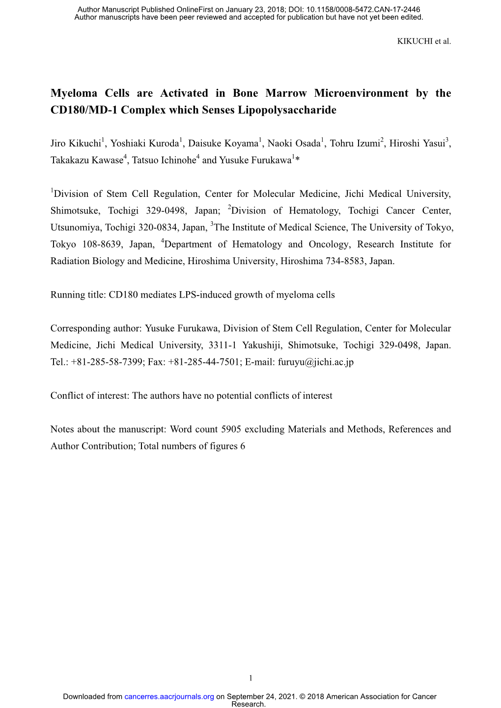 Myeloma Cells Are Activated in Bone Marrow Microenvironment by the CD180/MD-1 Complex Which Senses Lipopolysaccharide