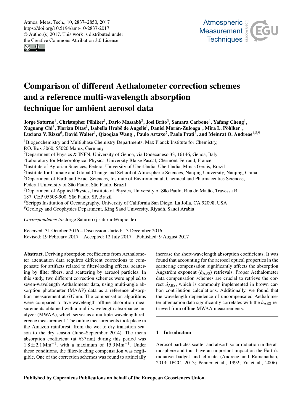 Comparison Of Different Aethalometer Correction Schemes And A Reference