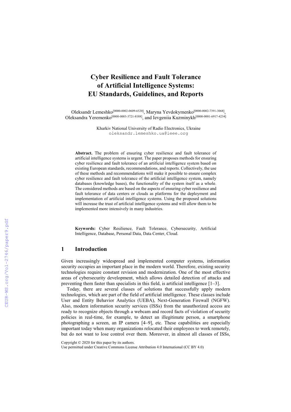 Cyber Resilience And Fault Tolerance Of Artificial Intelligence Systems