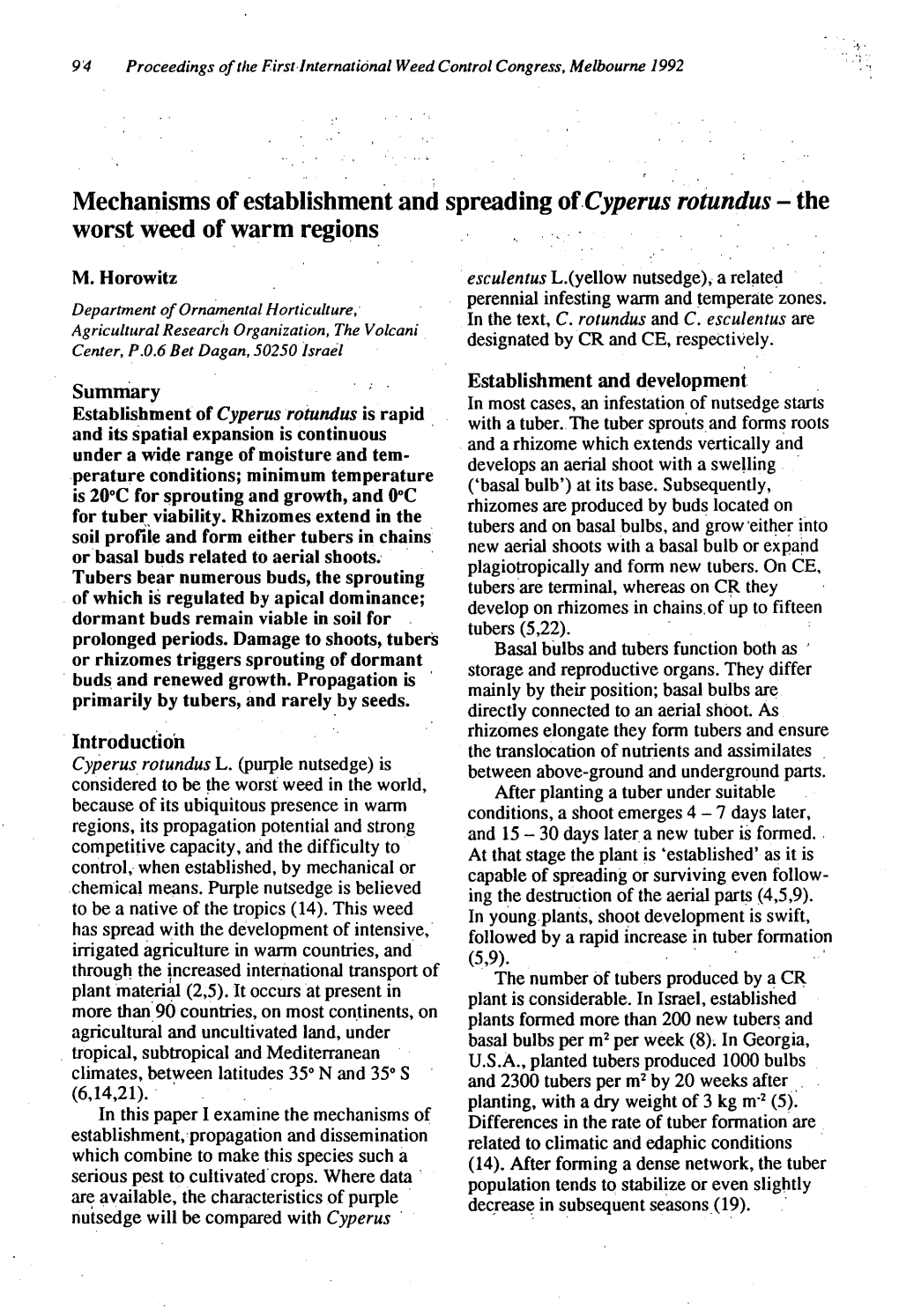 Mechanisms Of Establishment And Spreading Of Cyperus Rotundus The