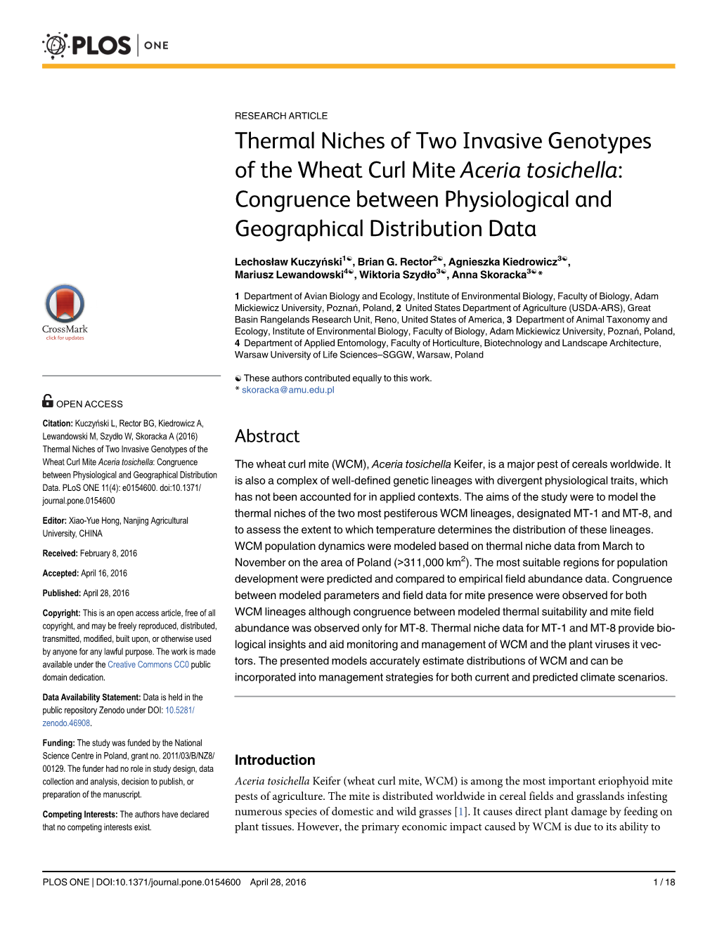 Aceria Tosichella: Congruence Between Physiological and Geographical Distribution Data