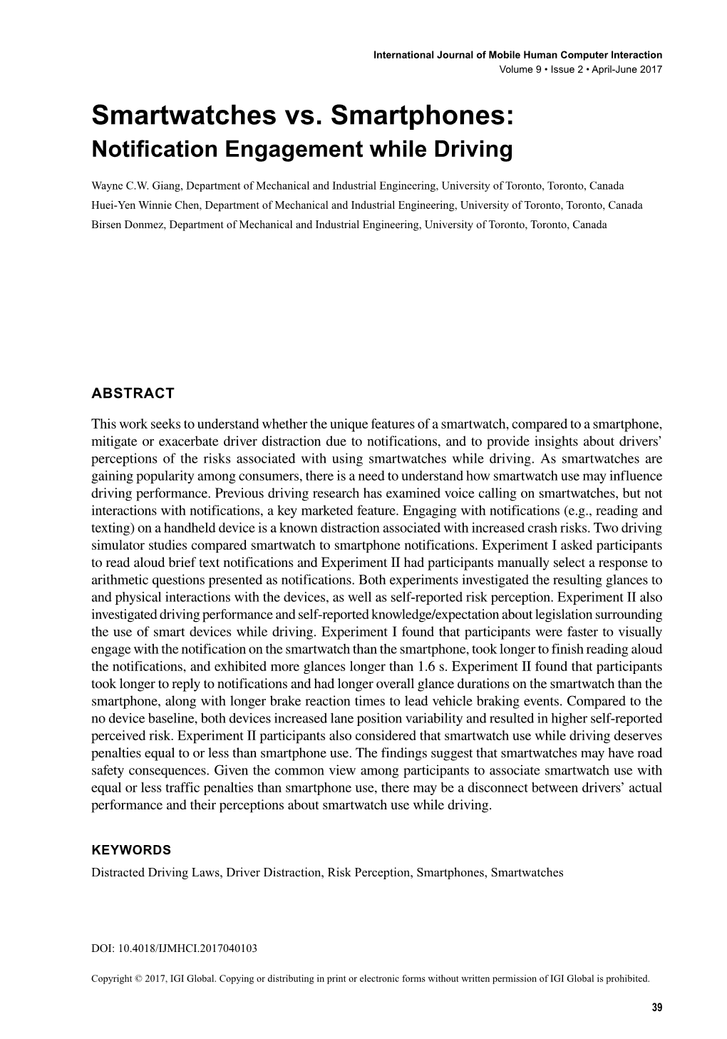 Smartwatches Vs. Smartphones: Notifcation Engagement While Driving