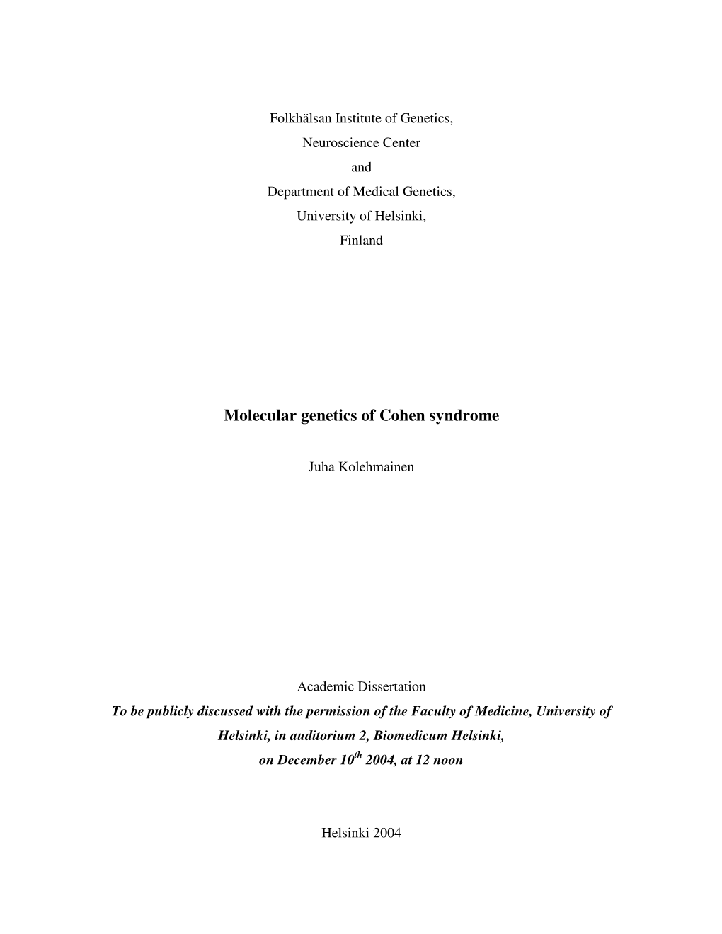 Molecular Genetics of Cohen Syndrome