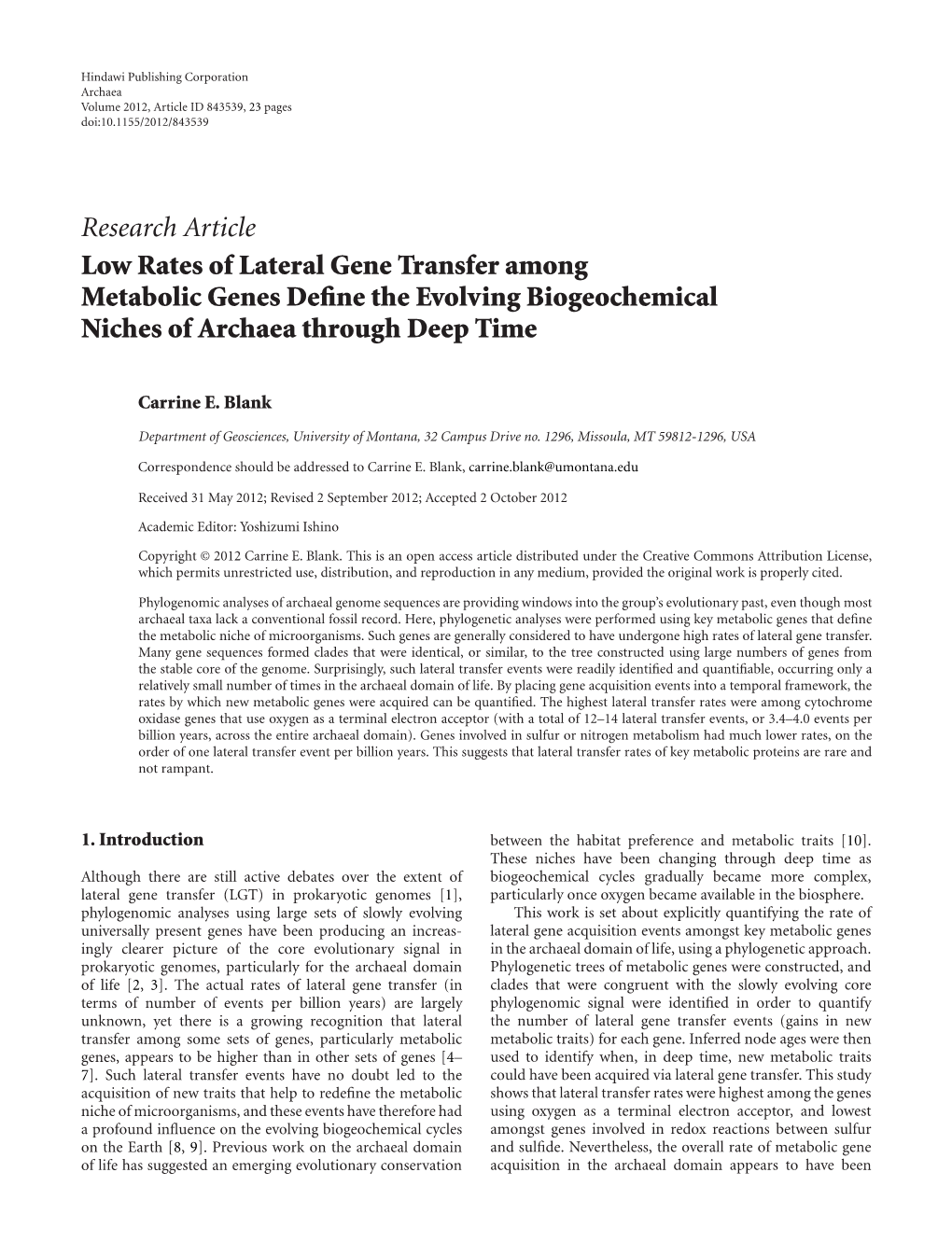 Research Article Low Rates of Lateral Gene Transfer Among Metabolic Genes Define the Evolving Biogeochemical Niches of Archaea Through Deep Time