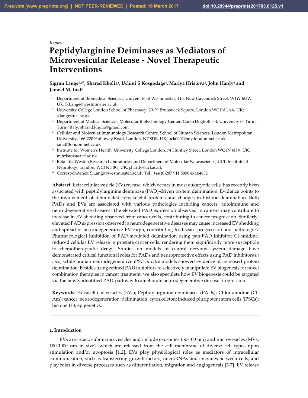 Peptidylarginine Deiminases As Mediators of Microvesicular Release - Novel Therapeutic Interventions