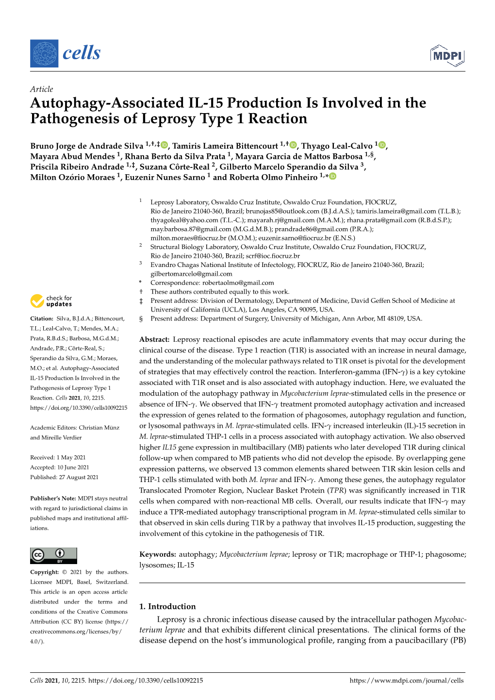 Autophagy-Associated IL-15 Production Is Involved in the Pathogenesis of Leprosy Type 1 Reaction