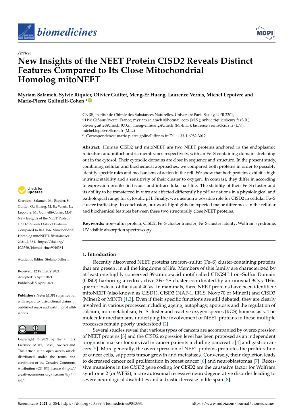 New Insights of the NEET Protein CISD2 Reveals Distinct Features Compared to Its Close Mitochondrial Homolog Mitoneet
