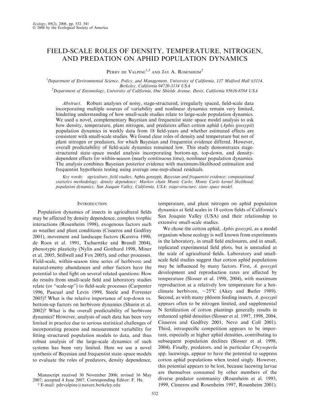 Field-Scale Roles of Density, Temperature, Nitrogen, and Predation on Aphid Population Dynamics