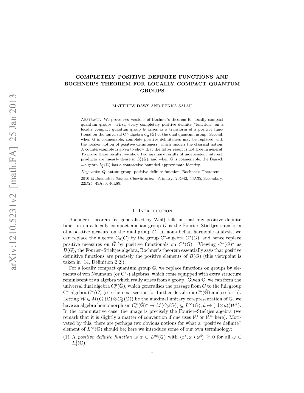 Completely Positive Definite Functions and Bochner's Theorem for Locally