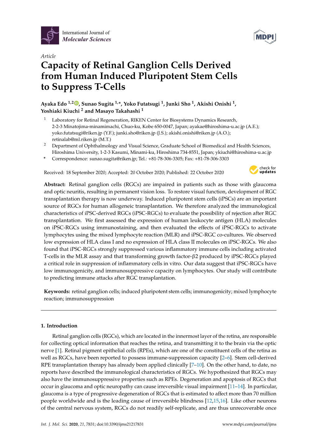 Capacity of Retinal Ganglion Cells Derived from Human Induced Pluripotent Stem Cells to Suppress T-Cells