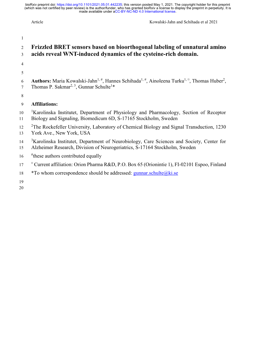 Frizzled BRET Sensors Based on Bioorthogonal Labeling of Unnatural Amino 3 Acids Reveal WNT-Induced Dynamics of the Cysteine-Rich Domain