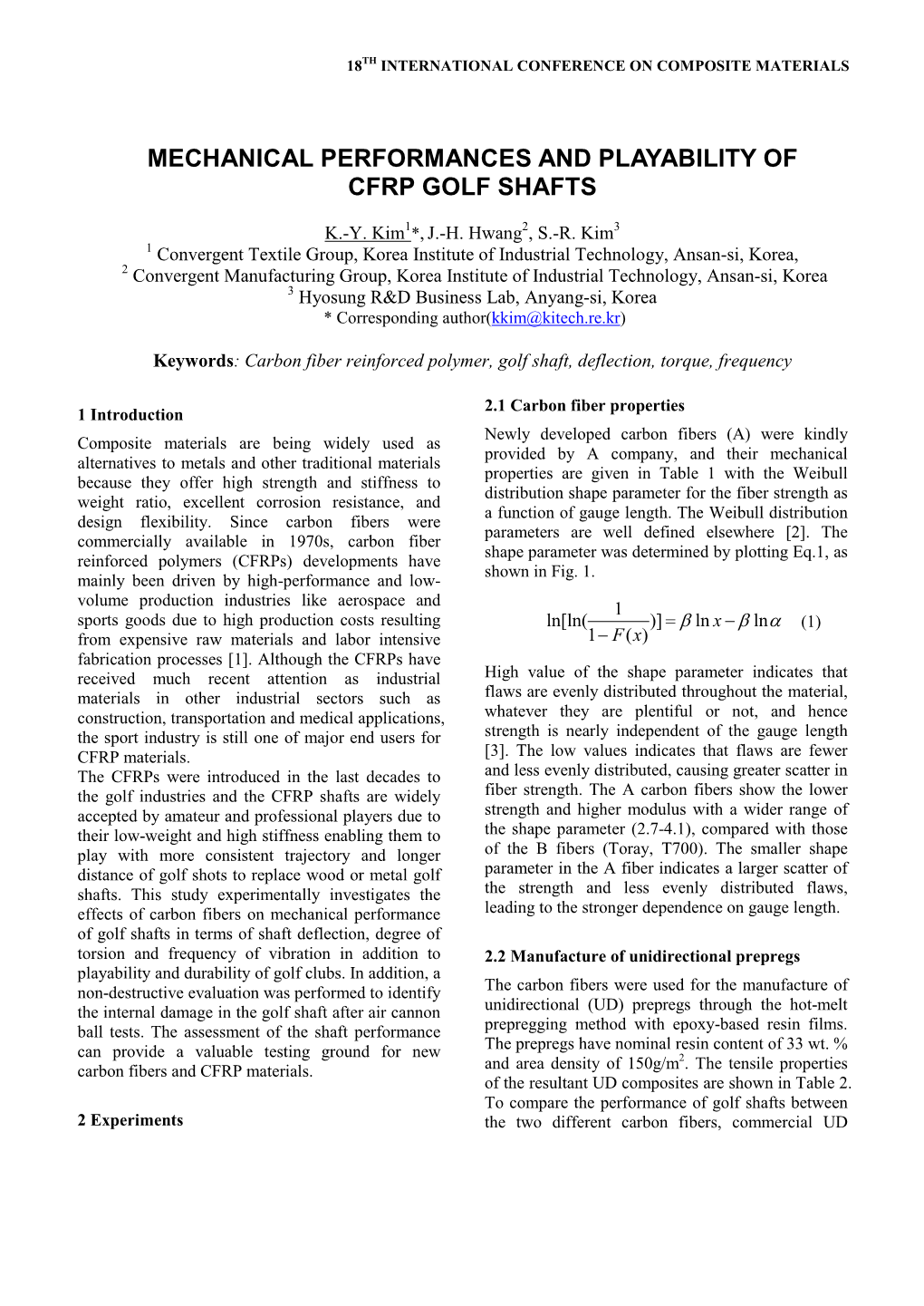 Mechanical Performances and Playability of Cfrp Golf Shafts