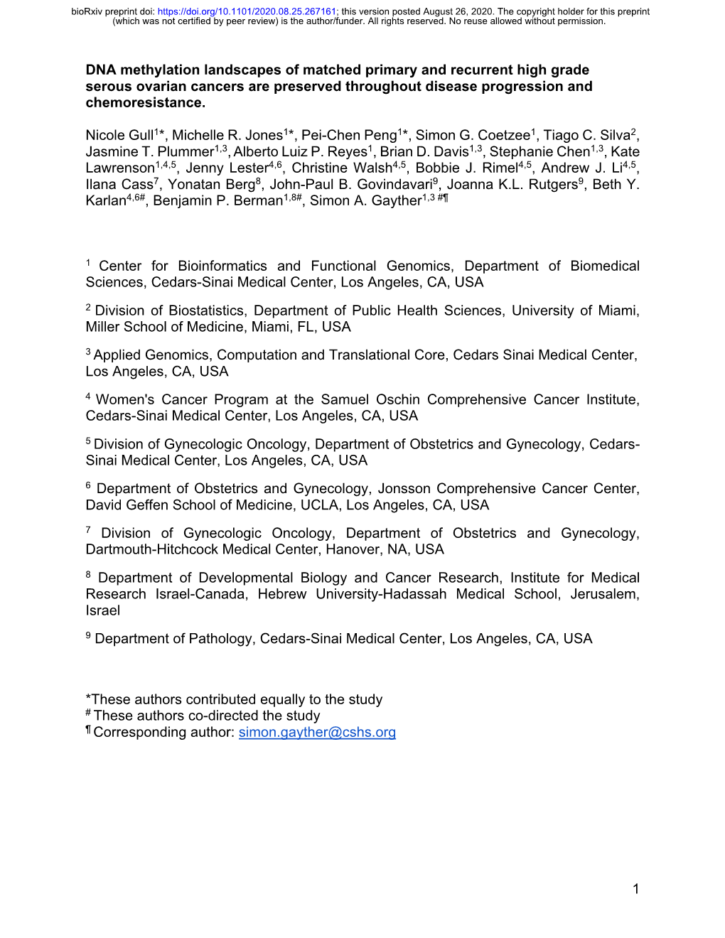 1 DNA Methylation Landscapes of Matched Primary and Recurrent High