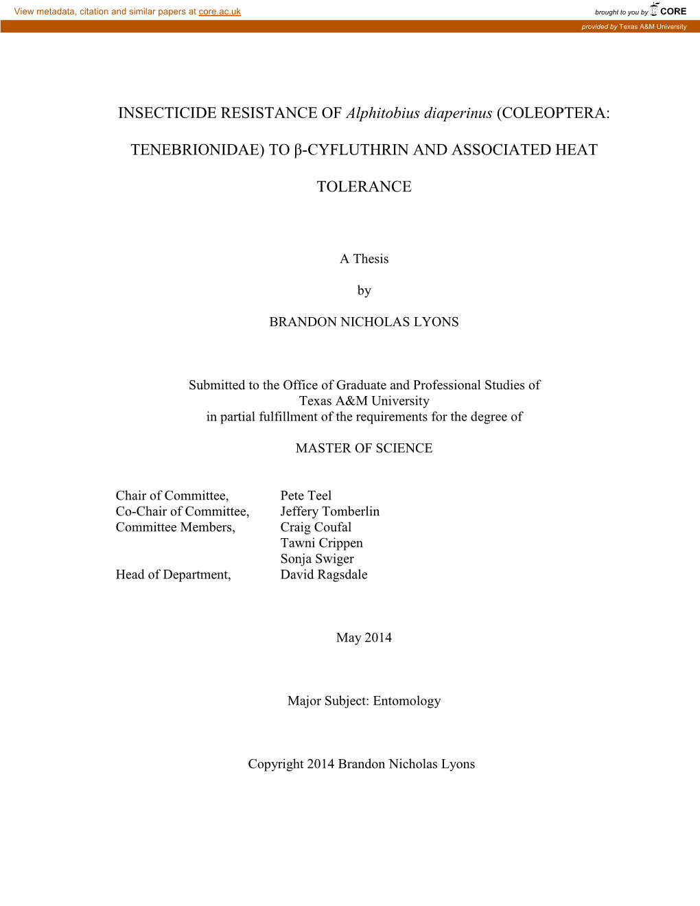 INSECTICIDE RESISTANCE of Alphitobius Diaperinus (COLEOPTERA