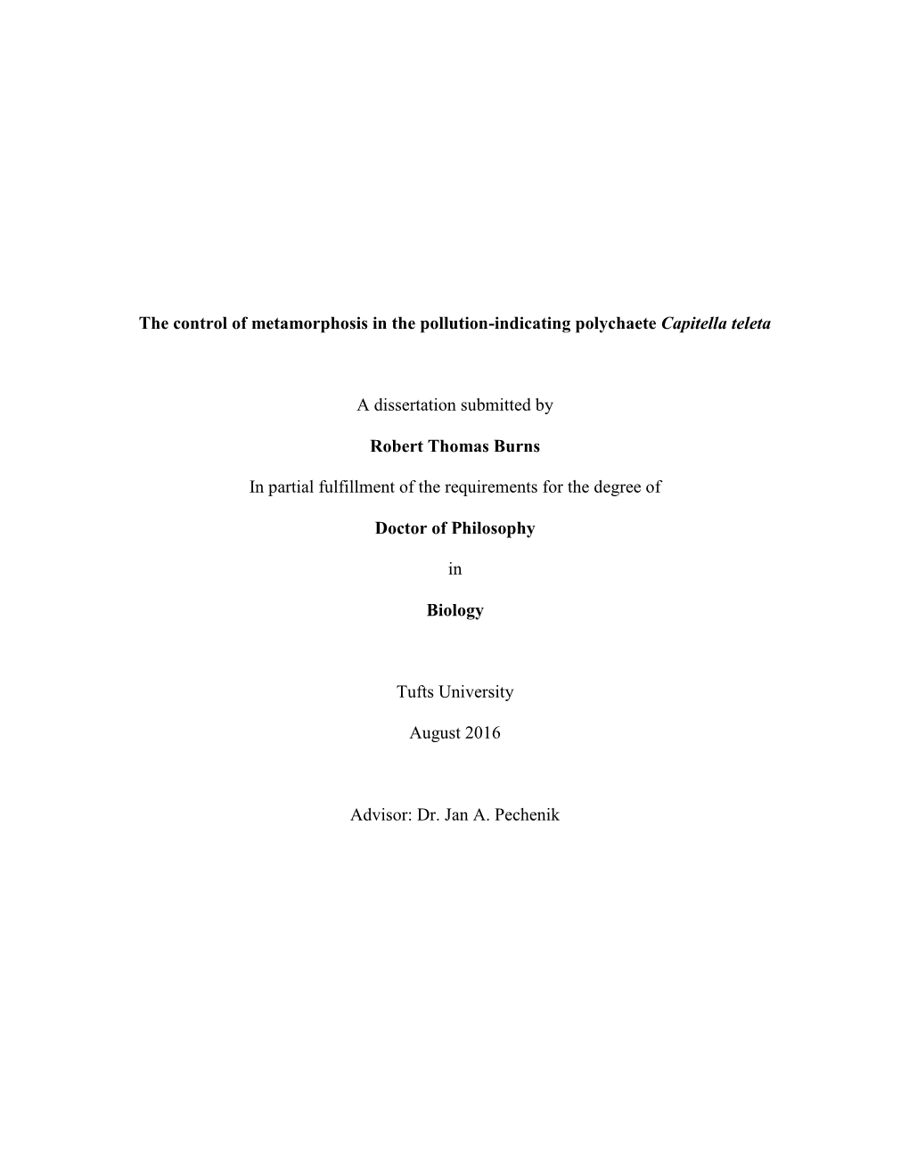 The Control of Metamorphosis in the Pollution-Indicating Polychaete Capitella Teleta
