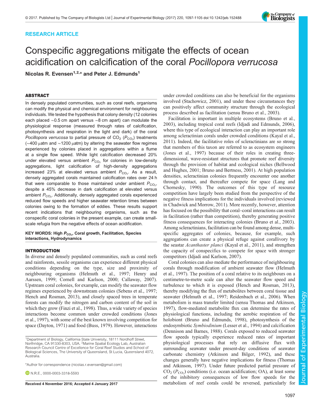 Conspecific Aggregations Mitigate the Effects of Ocean Acidification on Calcification of the Coral Pocillopora Verrucosa Nicolas R