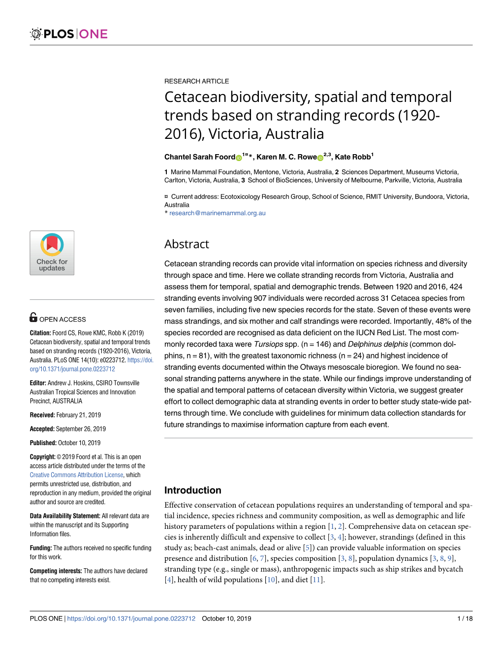 Cetacean Biodiversity, Spatial and Temporal Trends Based on Stranding Records (1920- 2016), Victoria, Australia