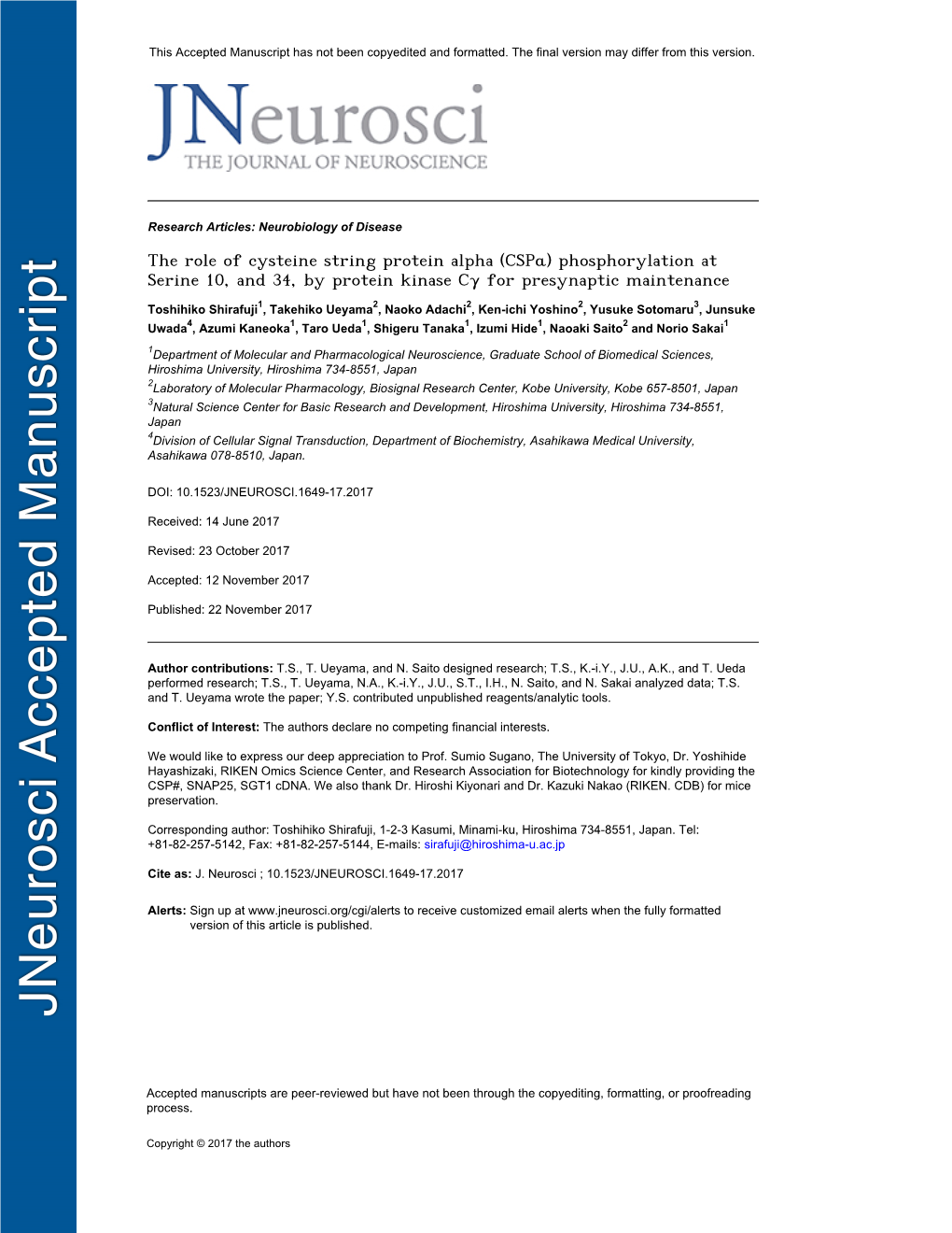 The Role of Cysteine String Protein Alpha (Cspα) Phosphorylation at Serine 10, and 34, by Protein Kinase Cγ for Presynaptic Maintenance