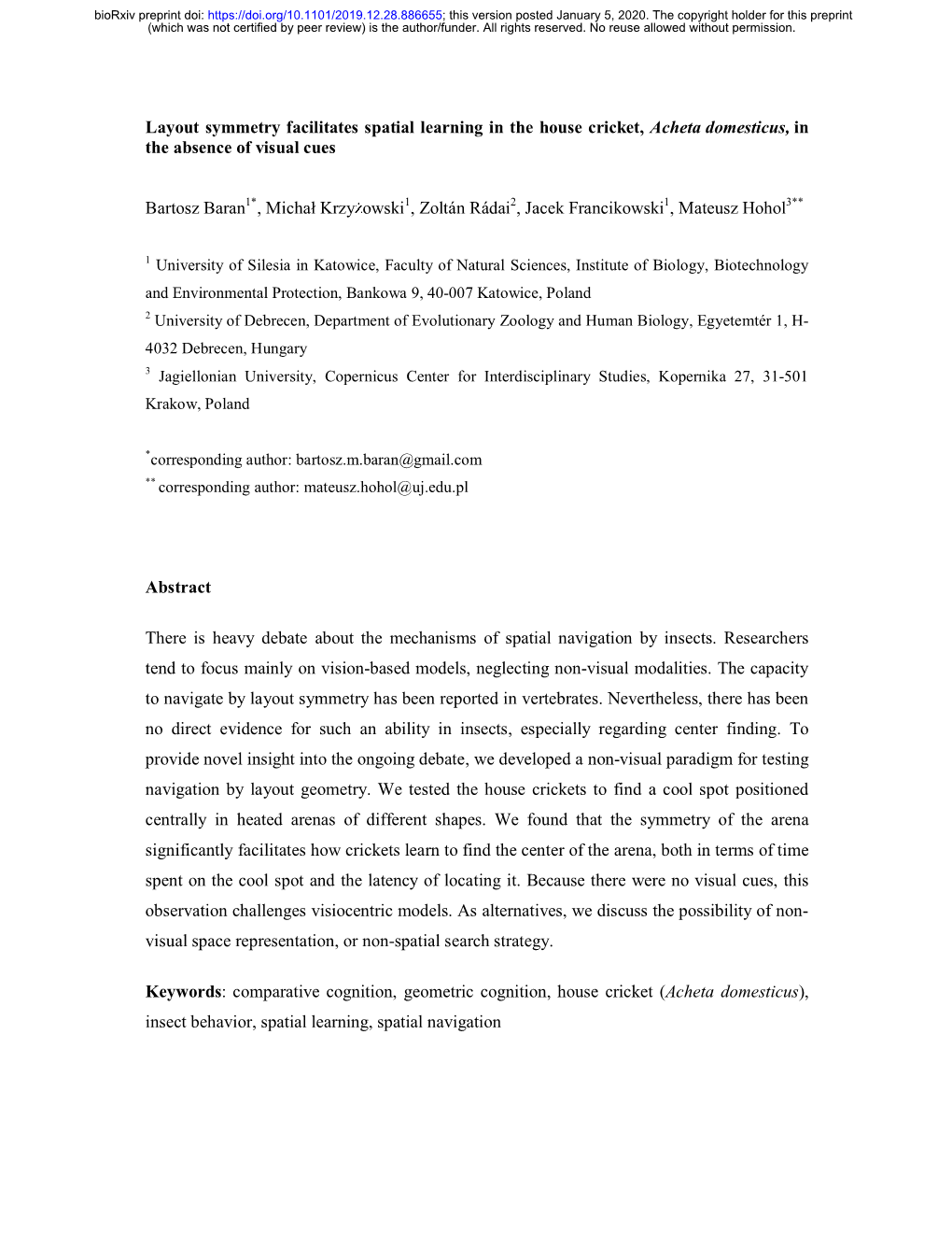 Layout Symmetry Facilitates Spatial Learning in the House Cricket, Acheta Domesticus, in the Absence of Visual Cues