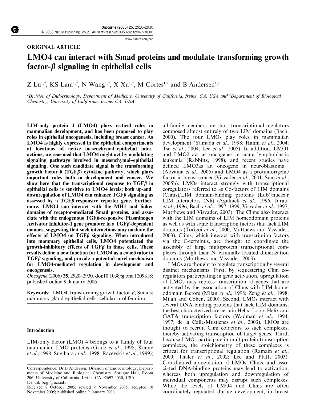 LMO4 Can Interact with Smad Proteins and Modulate Transforming Growth Factor-B Signaling in Epithelial Cells