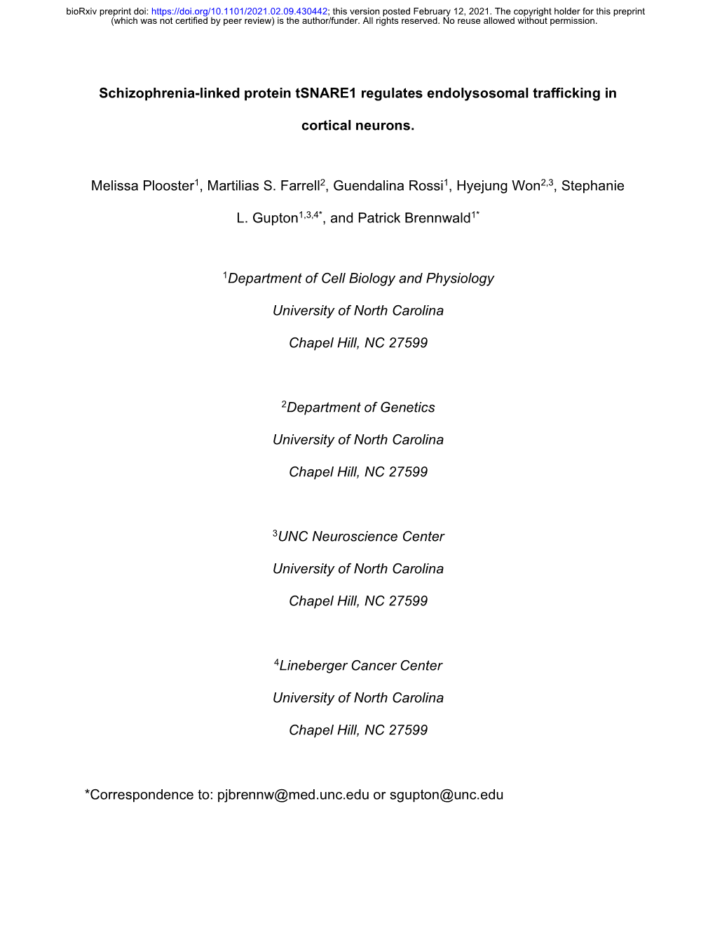 Schizophrenia-Linked Protein Tsnare1 Regulates Endolysosomal Trafficking In