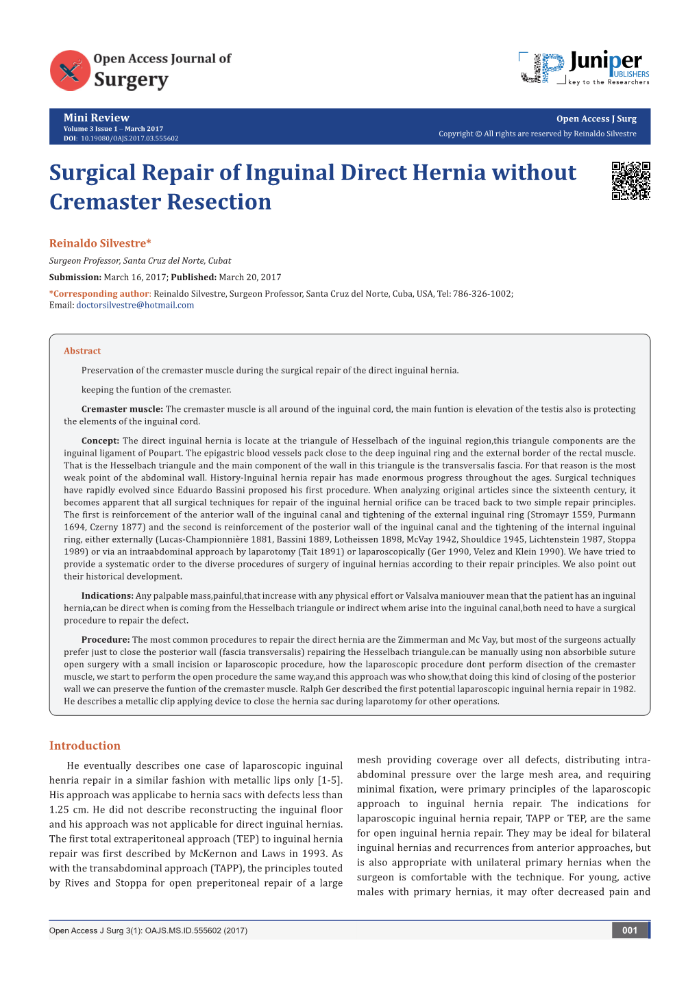 Surgical Repair Of Inguinal Direct Hernia Without Cremaster Resection