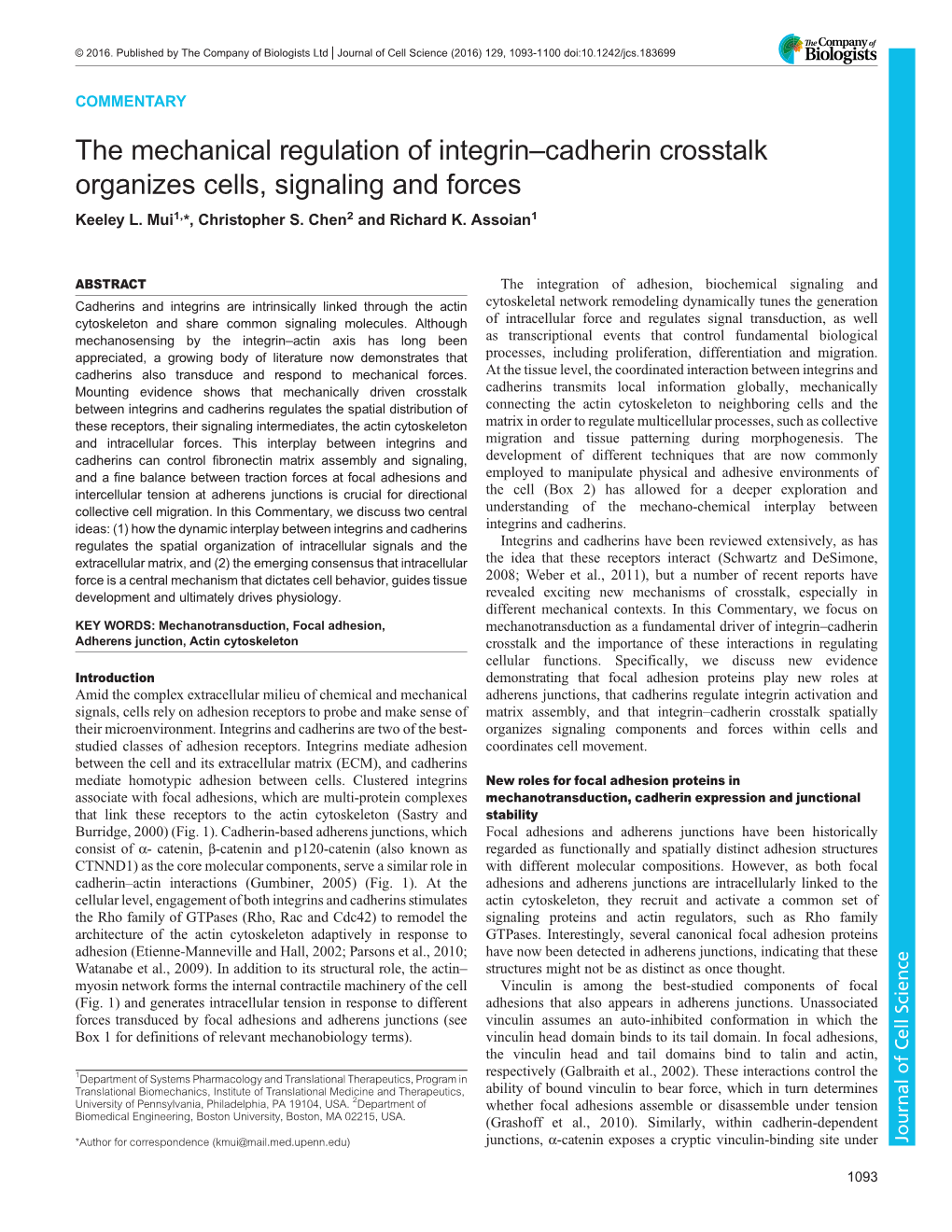 The Mechanical Regulation Of Integrincadherin Crosstalk Organizes