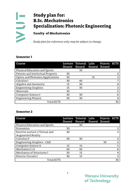 B.Sc. Mechatronics Specialization: Photonic Engineering