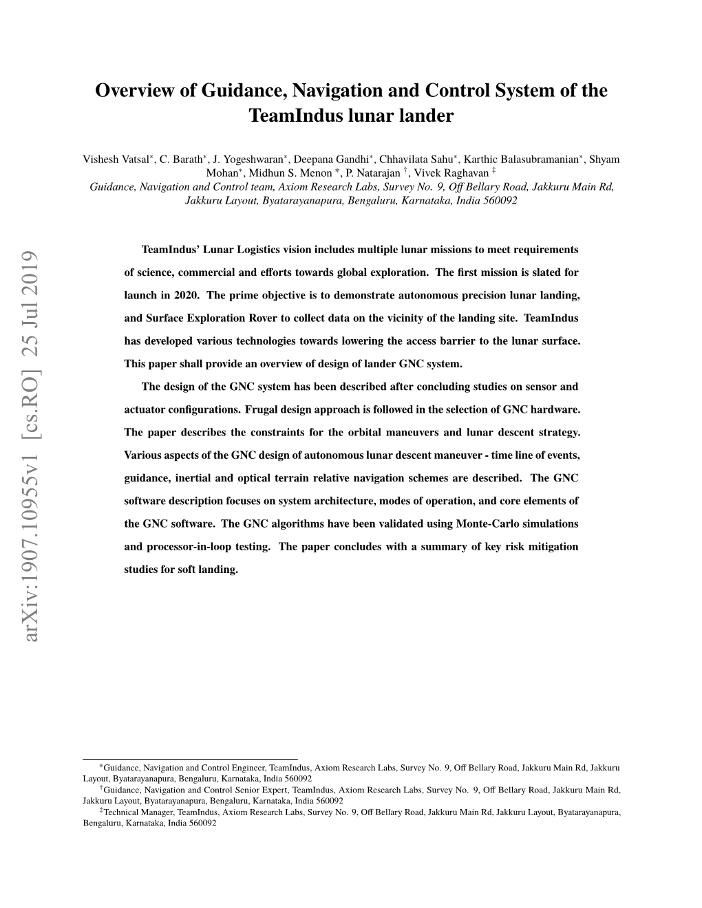 Overview Of Guidance Navigation And Control System Of The Teamindus