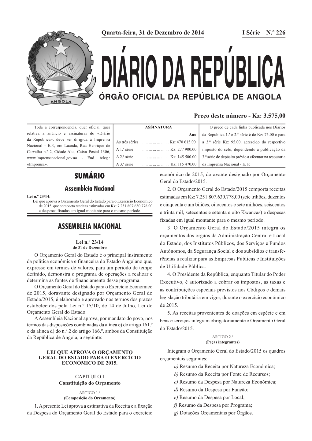 Órgão Oficial Da República De Angola DocsLib