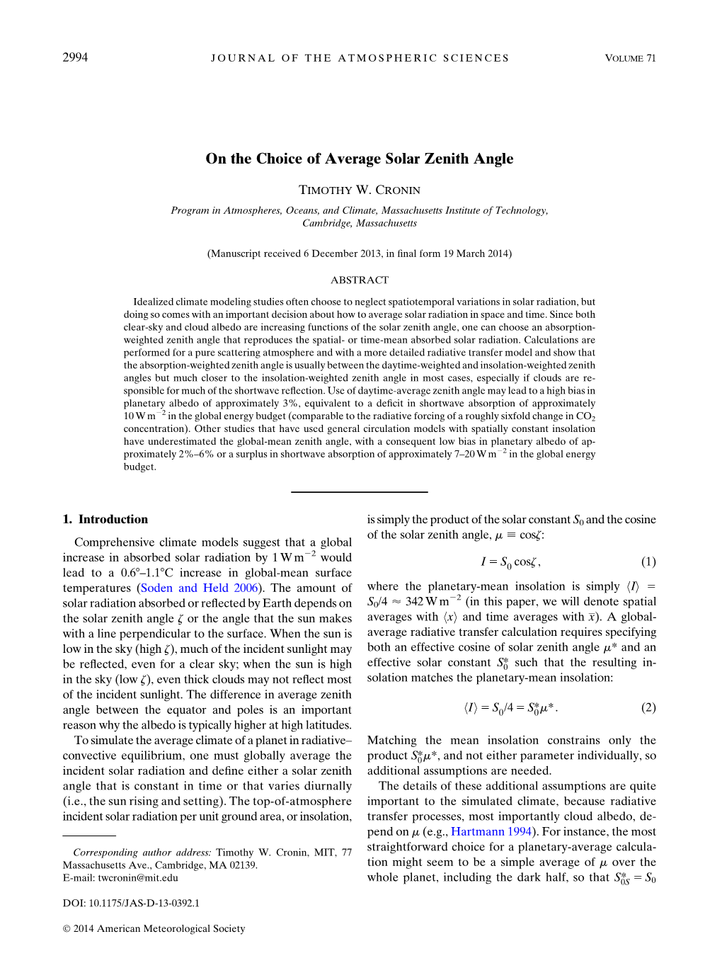 On The Choice Of Average Solar Zenith Angle DocsLib