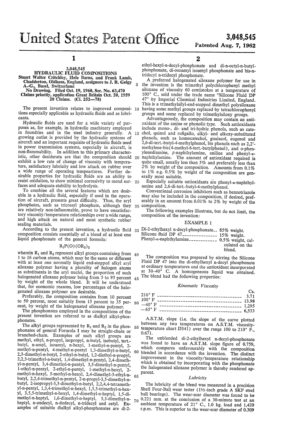 United States Patent Office Patented Aug