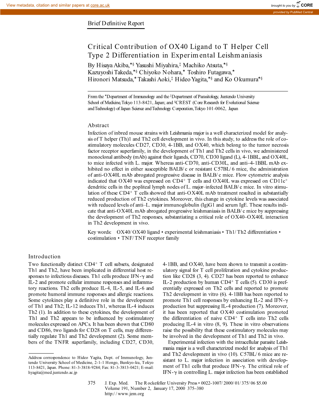 Critical Contribution of OX40 Ligand to T Helper Cell Type 2